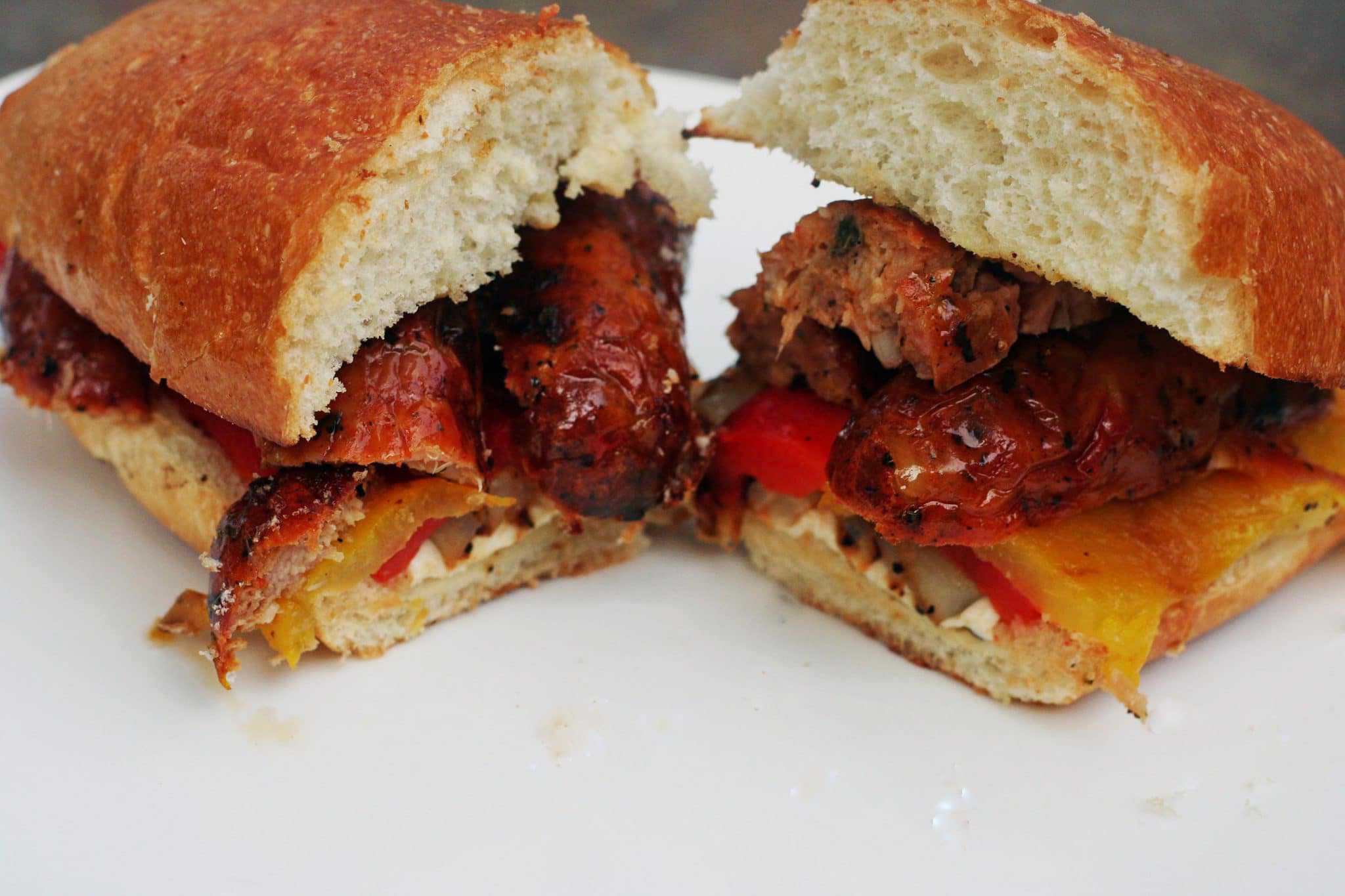 Grilled Chicken Sausage, Onion, and Pepper Sandwich