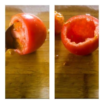 A collage of tomatoes showing how to scoop the seeds from the inside of the tomato and what the tomato looks like once the seeds are removed