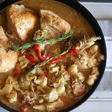 chicken scarpariello with cauliflower and artichokes