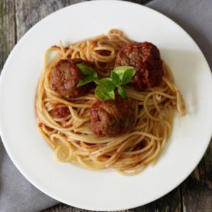 healthy Italian meatballs and homemade marinara over spaghetti