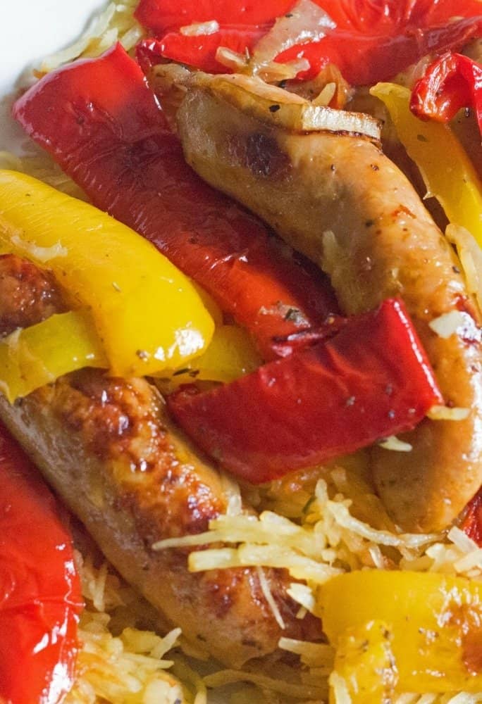 sheetpan chicken sausage, peppers and spaghetti squash