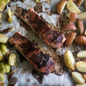 sheet pan balsamic glazed salmon potatoes and Brus