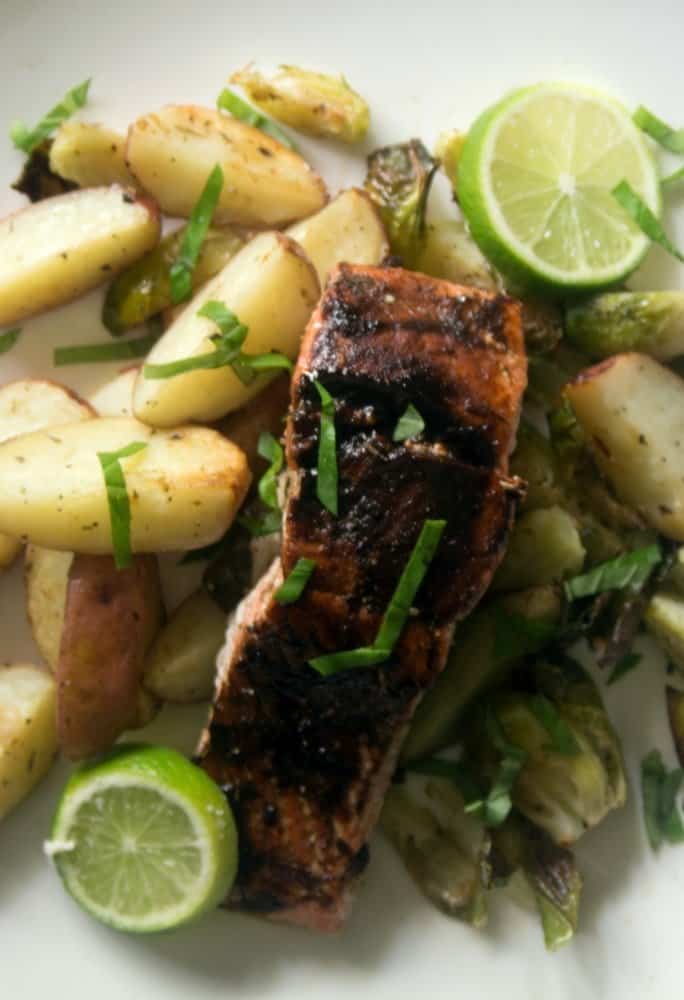 sheet pan balsamic glazed salmon, potatoes, and Brussels sprouts