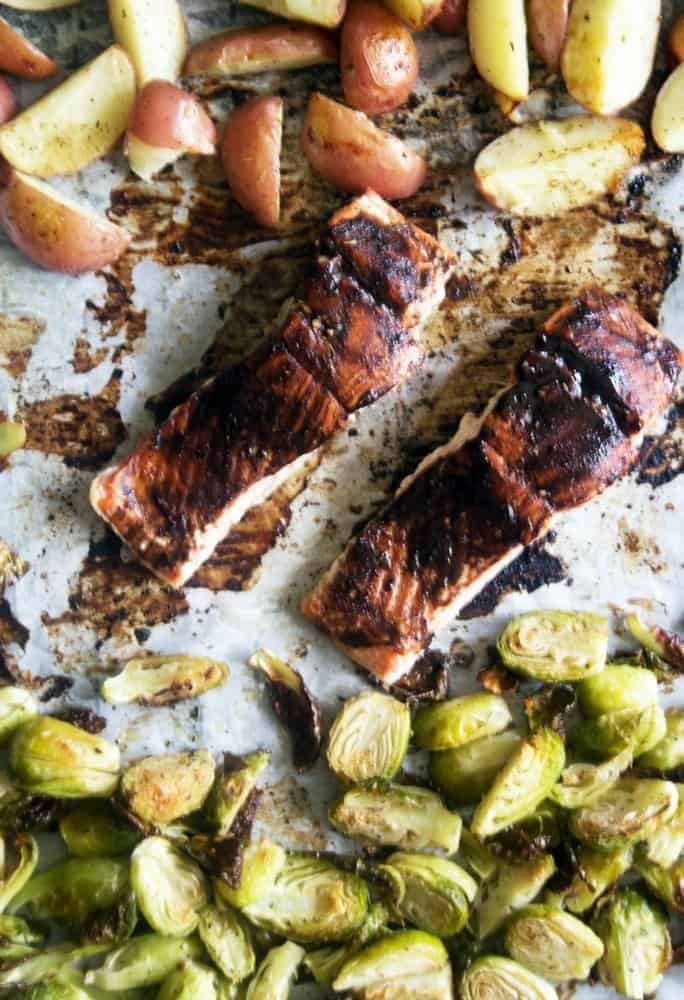 sheet pan balsamic glazed salmon potatoes and Brussels sprouts