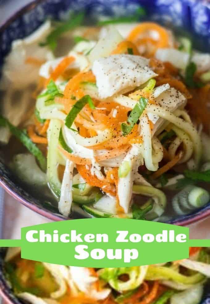 pinterest photo of chicken zoodle soup in a bowl