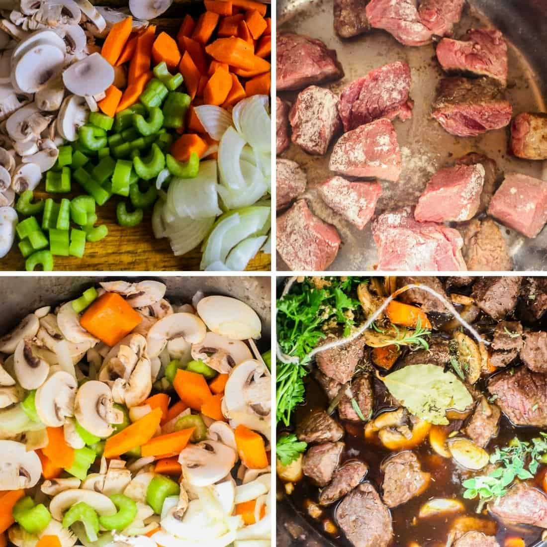 beef mushroom guinness soup is made with tasty veggies. The beef is browned and Guinness Stout is poured over the meat and veggies. The ingredients can be braised, slow cooked, or made in the Instant Pot.
