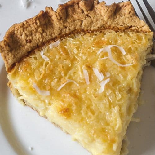 delicious slice of old fashioned coconut custard pie