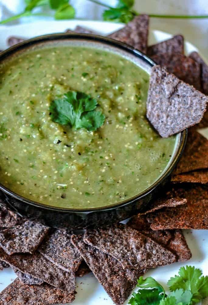 roasted tomatillos, onions and jalapenos are blended together to make an amazing salsa