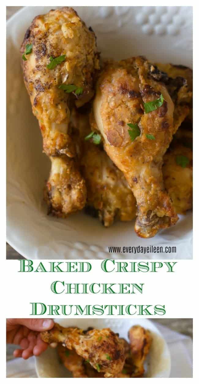 A collage of baked crispy chicken drumsticks in a bowl and also of a single drumstick being held with a baked flour coating