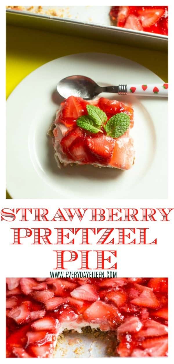 A collage of strawberry pretzel pie dessert, one photo is strawberry pretzel pie slice with mint on a white dessert plate. The second photo is the strawberry jello dessert in the pie plate with a slice cut out to see the layers of the pie.