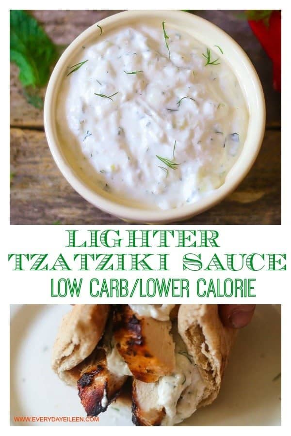 A collage of photos showing lighter Greek Tzatzaki sauce in a bowl and a Chicken Gyro Sandwich topped with homemade tzatziki sauce.