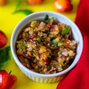 Fresh Cherry Salsa made with Skylar Rae®Cherries, jalapenos, herbs, lime juice in a white bowl. Ready to be served over poultry or served with chips