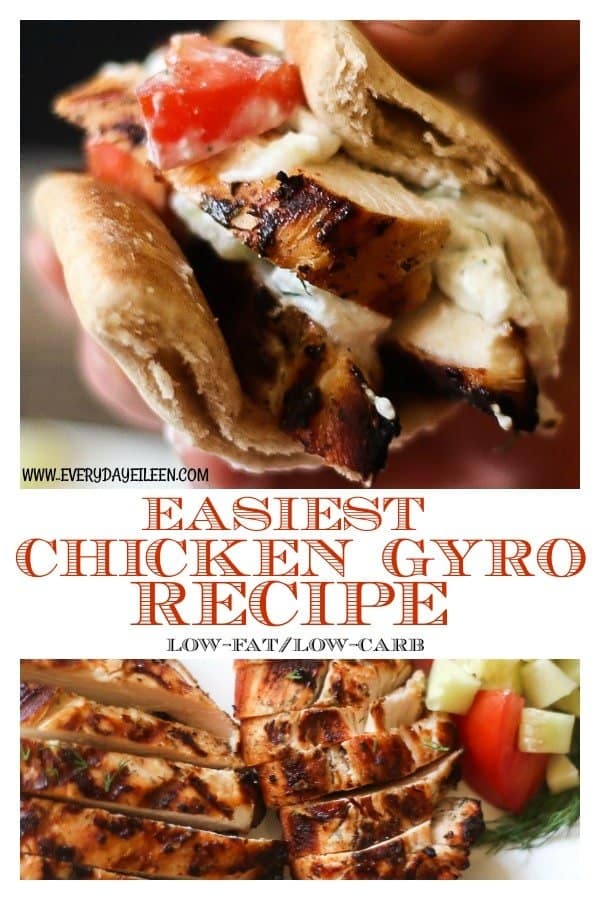 A collage of delicious grilled chicken, tomatoes, cucumbers, and Tzatziki Sauce to make crowd-pleasing grilled chicken gyros