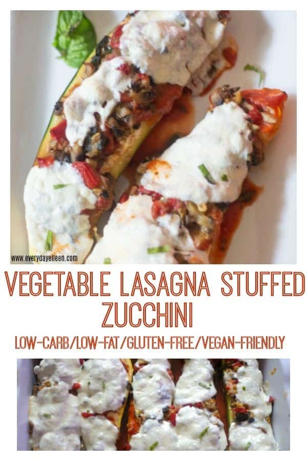 A collage of vegetable lasagna stuffed zucchini topped with fresh mozzarella that has melted after baking.