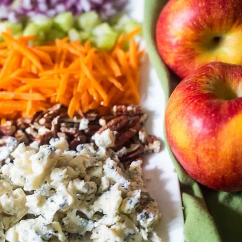 Shredded carrots, celery, pecans, blue cheese, and apples on a plate ready to top an apple pecan salad