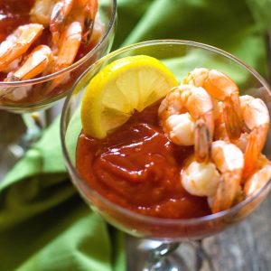 homemade cocktail sauce served with fresh poached shrimp