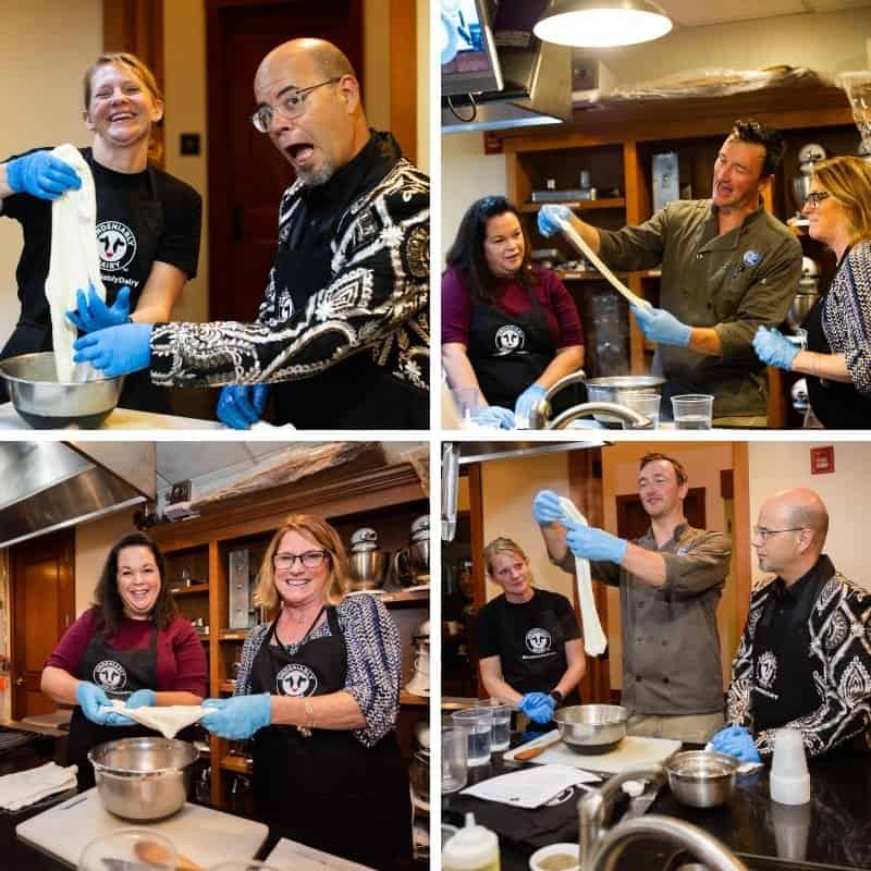 collage of photos at NY Kitchen in Canandaigua NY where food bloggers were making fresh homemade mozzarella.