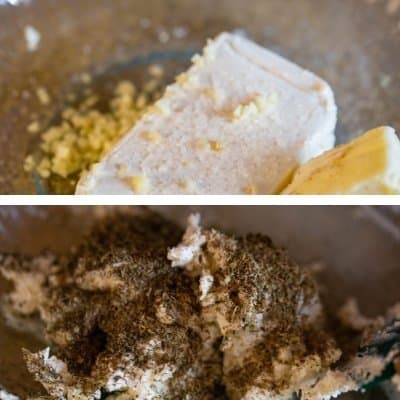 A collage of pictures of Boursin Cheese being made. Top photo is cream cheese, unsalted butter and Himalayan salt and bottom photo is adding herbs to cheese mixture