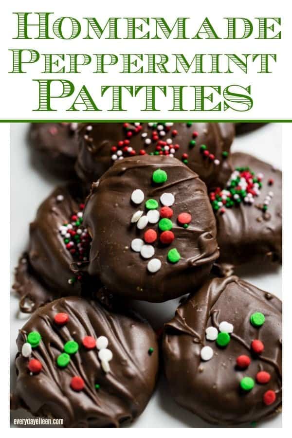 homemade peppermint patties decorated with Holiday red and green sprinkles on a white plate