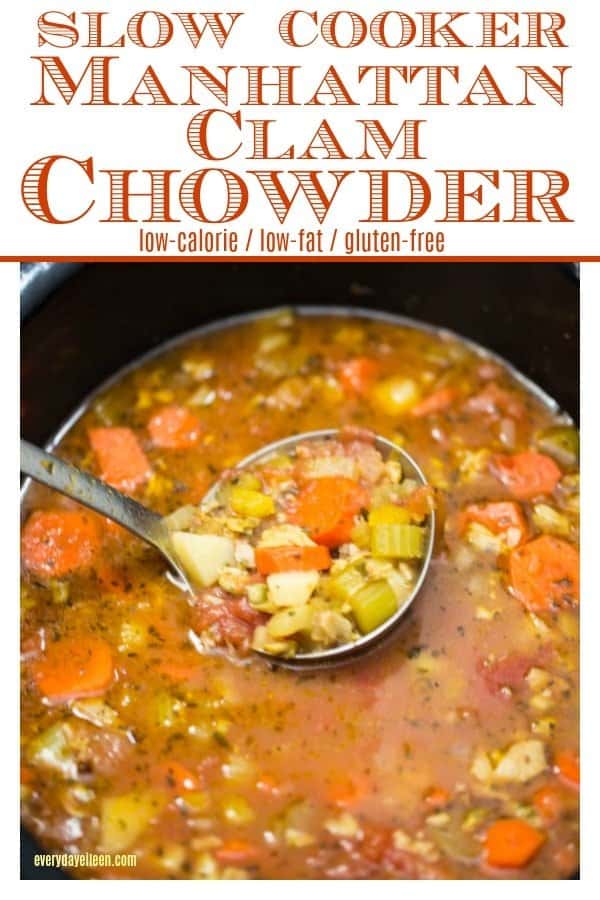 Slow cooker Manhattan Clam Chowder in a black slow cooker vessel with a large ladle with soup in the ladle