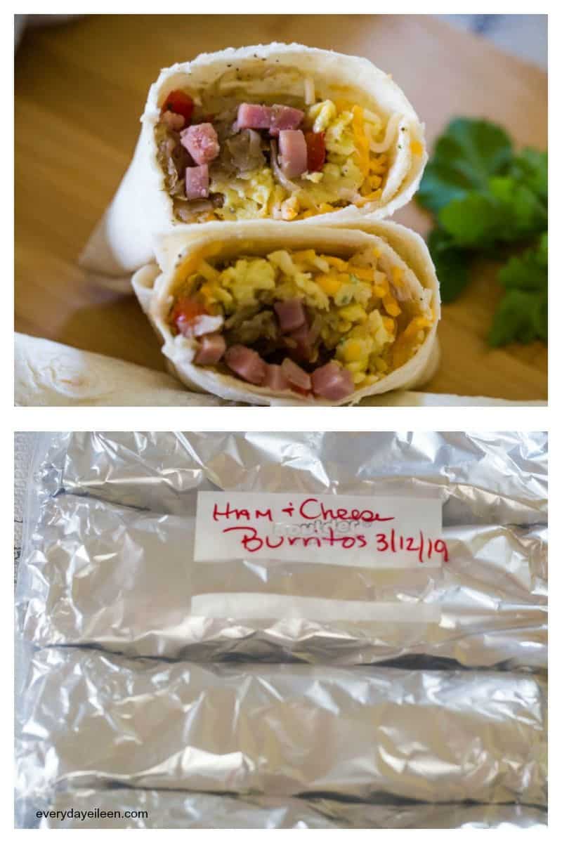 breakfast burritos wrapped and placed in freezer bag for a freezer meal and a breakfast burrito stuffed with ham and eggs.