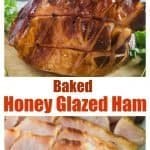 Baked honey glazed ham collage with th whole smoked ham on top. sliced ham on the bottom.