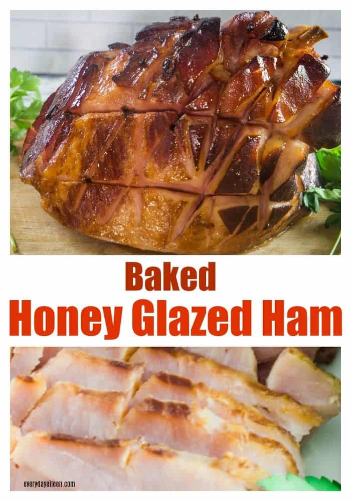 Baked honey glazed ham collage with th whole smoked ham on top. sliced ham on the bottom.