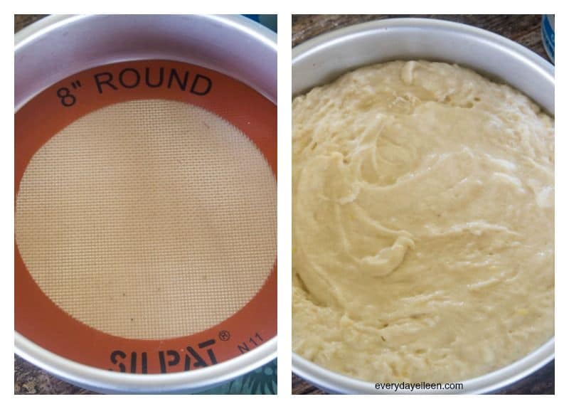 A collage, one photo - an 8-inch round cake pan lined with a Silpat mat. second photo of the 8-inch round pan filled with the lemon yogurt cake batter.