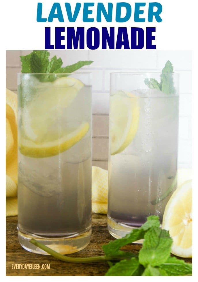 Delicious lavender lemonade in tall glasses garnished with lemon and mint