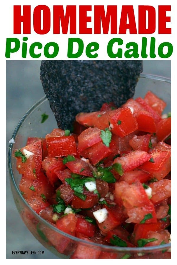 Fresh tomato salsa in a glass bowl with a tortilla chip in the bowl.