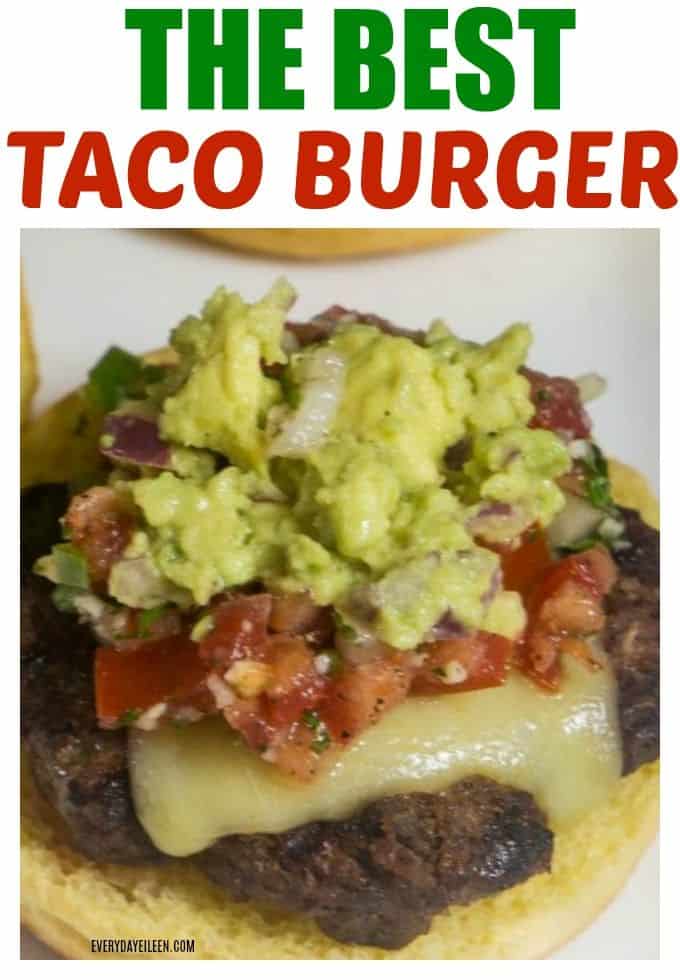 Delicious taco burger on a bun topped with pepper jack cheese, pico de gallo, and guacamole