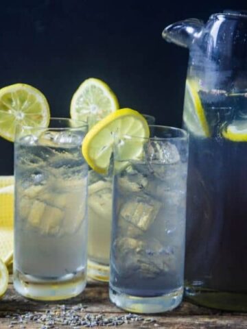 lavender lemonade made with Torani syrup served in joy jolt glasses