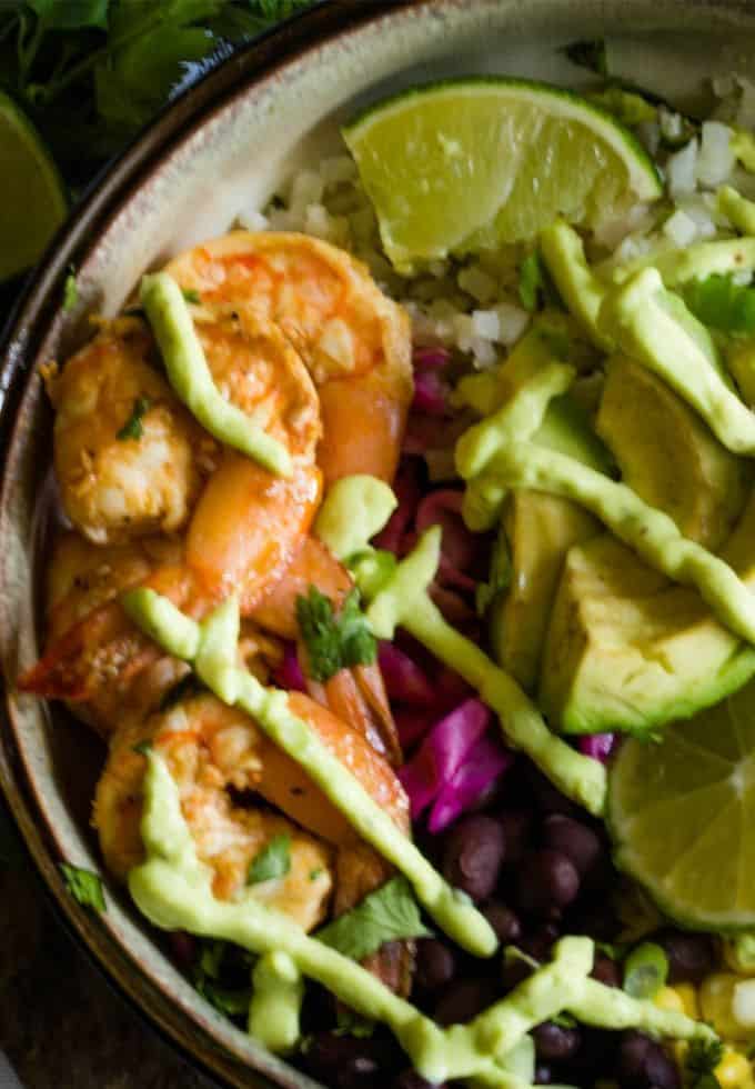 grilled baja shrimp with cauliflower rice and avocado with an avocado yogurt dressing