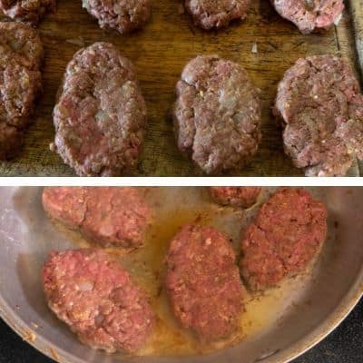 Collage of beef patties formed to make salisbury steaks and then the steaks being sauteed in a pan.