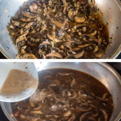 Collage of sauteed mushrooms in a saute pan