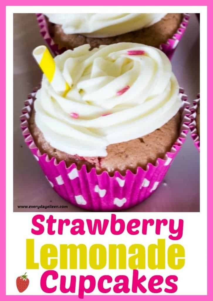 strawberry cupcakes topped with lemon frosting and pink sprinkles