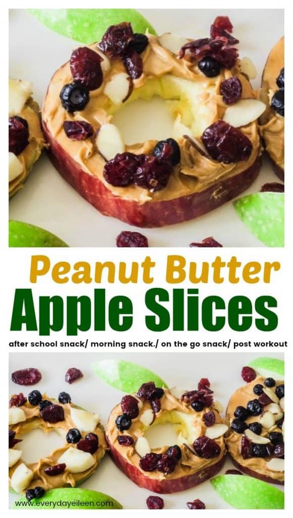 Delicious apple slices topped with peanut butter, dried fruits and sliced almonds