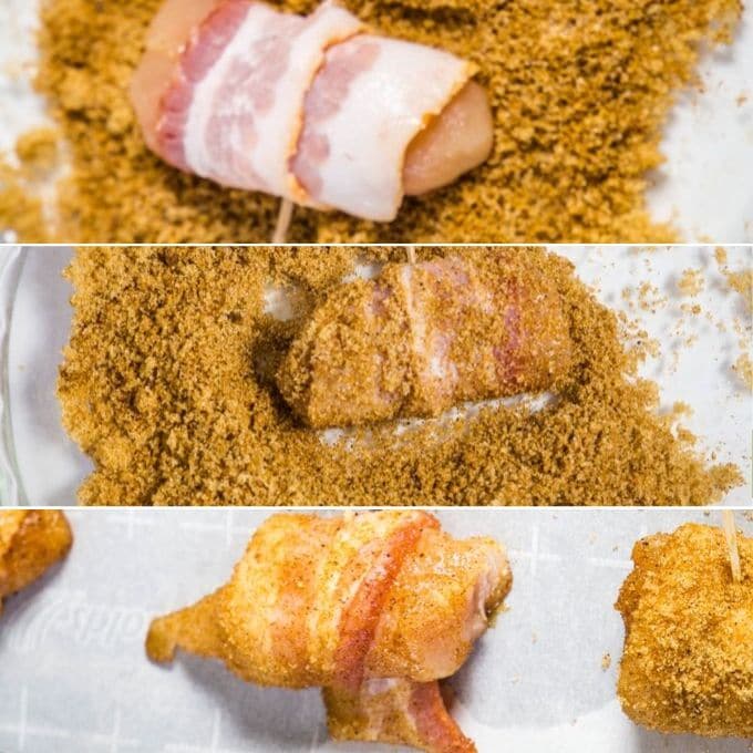 aa step by step of bacon wrapped bites of how to coat in brown sugar aaand spices