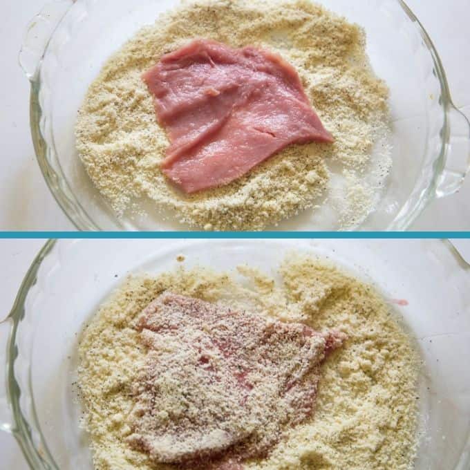 veal cutlet being dredged in seasoned almond flour