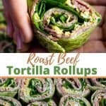A collage of roast beef tortilla rollups