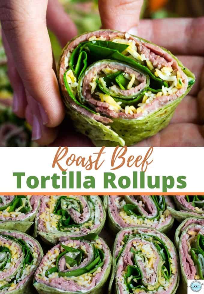 A collage of roast beef tortilla rollups