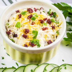 Cheesy dip topped with diced beef jerky, green onions, and shredded cheese