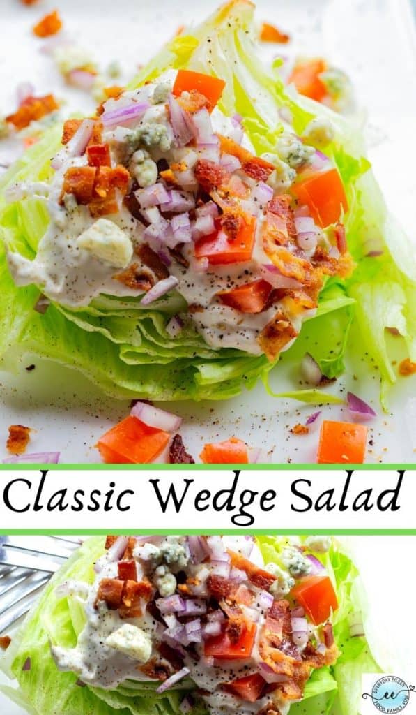 Enjoy a classic wedge salad that is so easy to make and can be made ahead of time. A great salad to feed a crowd. Loaded with bacon, tomatoes, and blue cheese and topped with a light blu