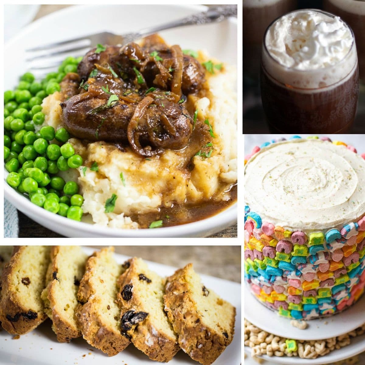 collage of recipes for irish coffee, bangersand mash for St. Patrick's day recipes