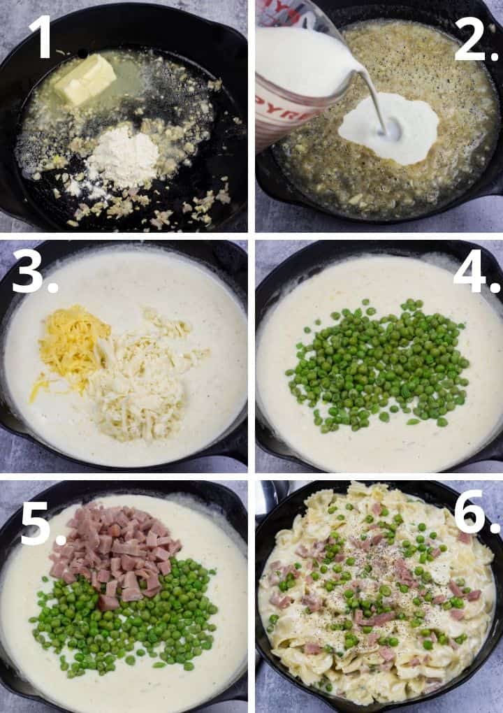 step by step tutorial of how to make pasta, ham and peas