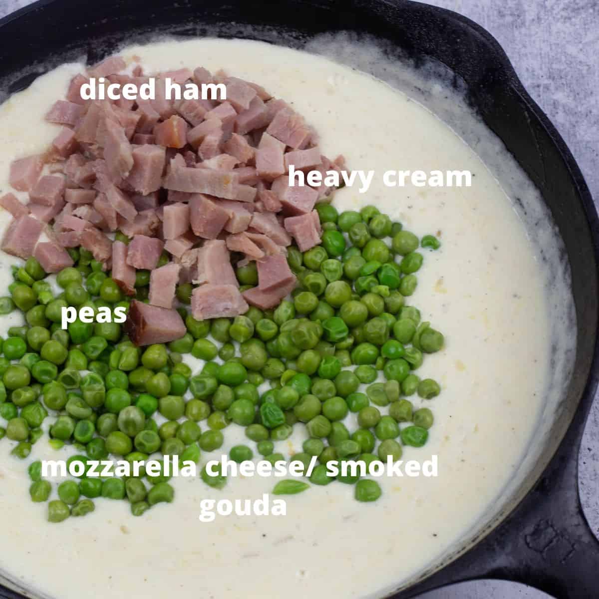 some of the ingredients for a creamy pasta including ham, heavy cream, peas, and mozzarella.