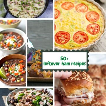 collage of leftover ham recipes including ham and pea pasta, frittata, quinoa