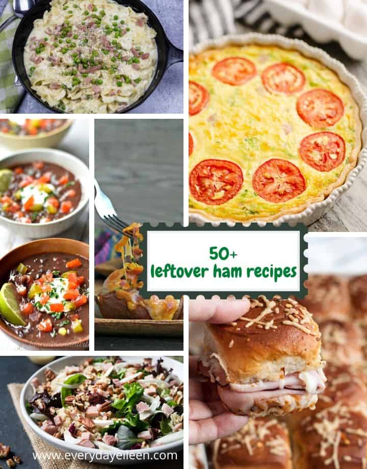 collage of leftover ham recipes including ham and pea pasta, frittata, quinoa