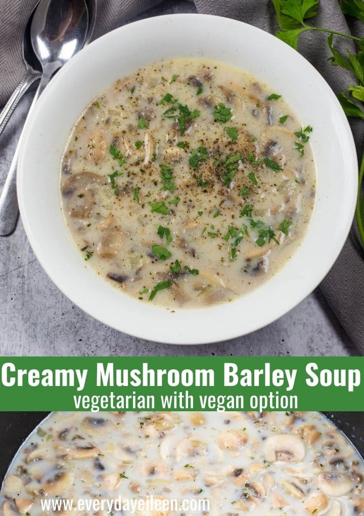 A collage of photos with creaamy mushroom barley soup