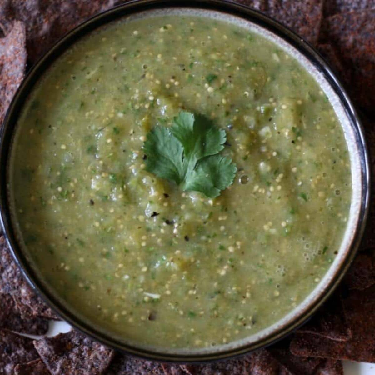 A brown bowl filled with salsa verde and topped with a cilantro leaf.